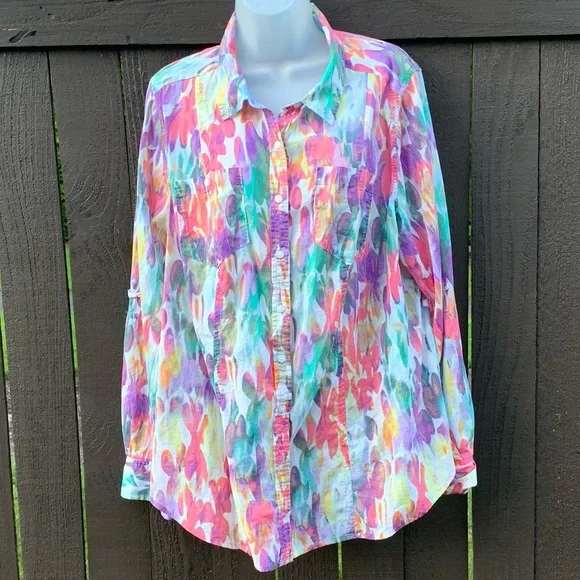 Lane Bryant cotton button down splash color blouse 14/16 - Picture 1 of 6